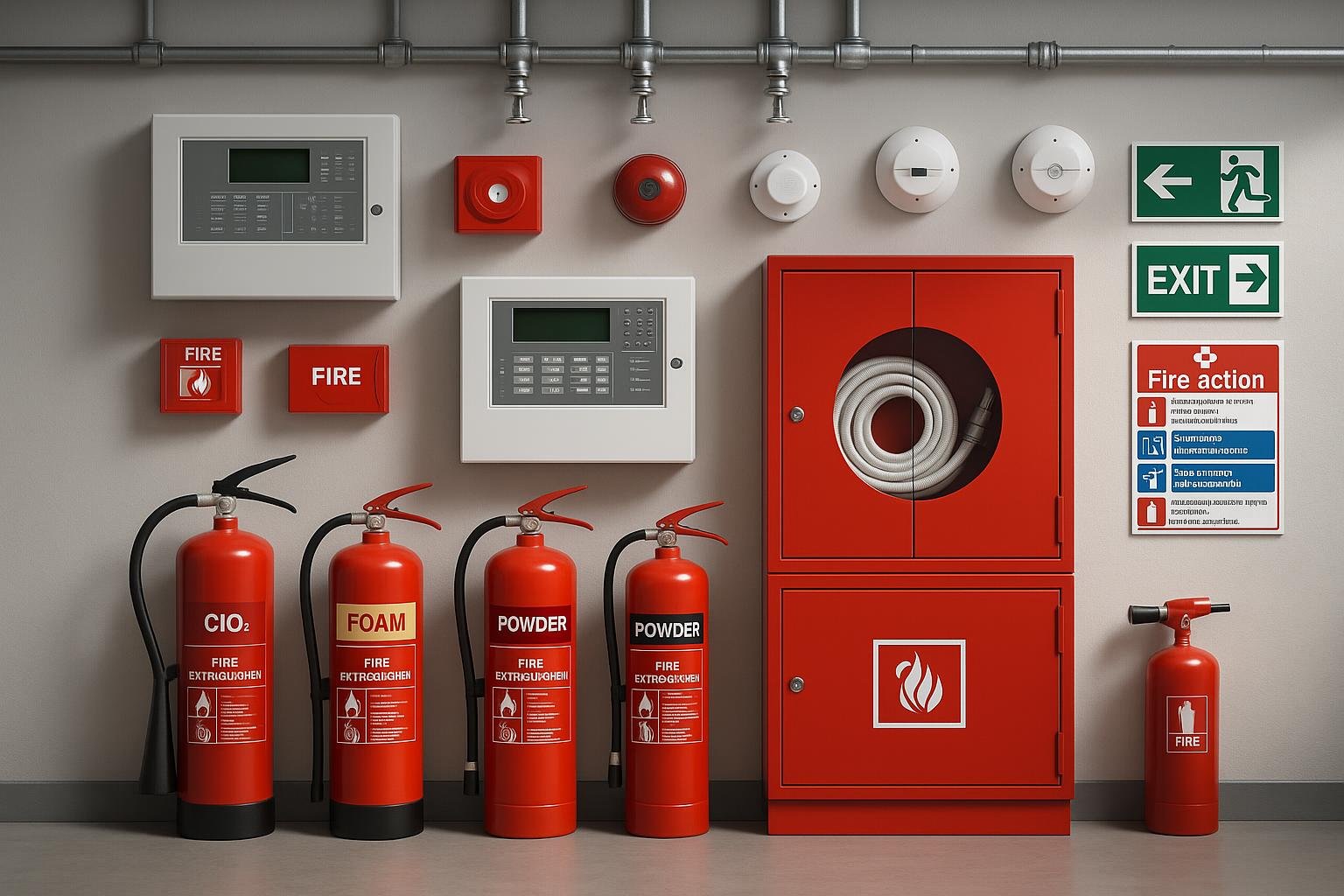 Sistemas de segurança contra incêndio - Extintores, alarmes, sprinklers e equipamentos